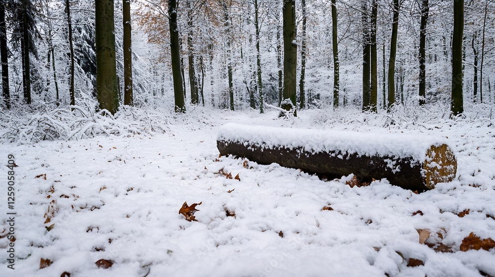 Aufkleber Serene Winter Forest Scene Covered in Fresh Snow with Fallen Log and Tranquil Atmosphere : Generative AI
