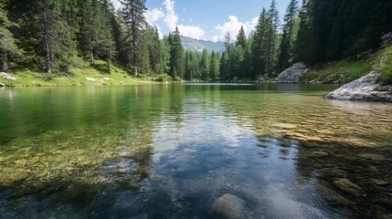 Serene mountain lake surrounded by lush green trees and rocky shoreline under a blue sky with clouds : Generative AI