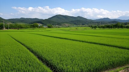 Fototapeta premium Lush Green Rice Fields Under a Bright Blue Sky with Mountains in the Background : Generative AI