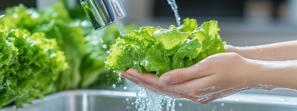 Person washes lettuce in sink, preparing healthy salad, clean kitchen background