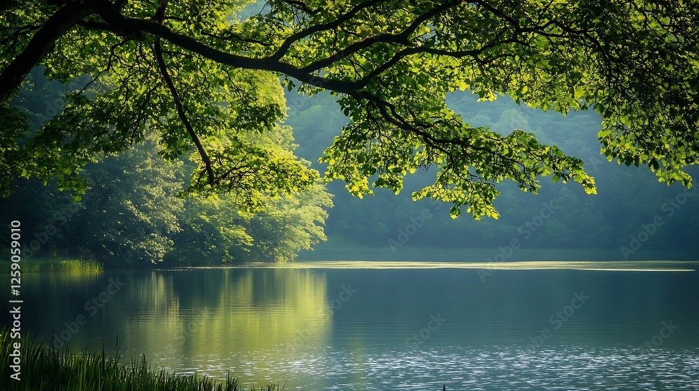 Poster tranquil lake scene with sunlight filtering through green leaves over still water and serene trees :