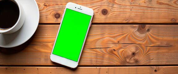 Minimalist smartphone on wooden table in coffee shop, modern mockup