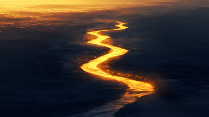 A winding river glowing with golden light cutting through a vast dark landscape symbolizing the unchanging flow of fate and the eternal cycle of nature. Eternal Dusk. Illustration