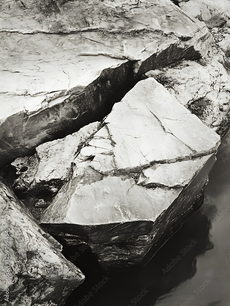 Fototapete abstract view of large textured rocks in black and white with reflections : generative ai
