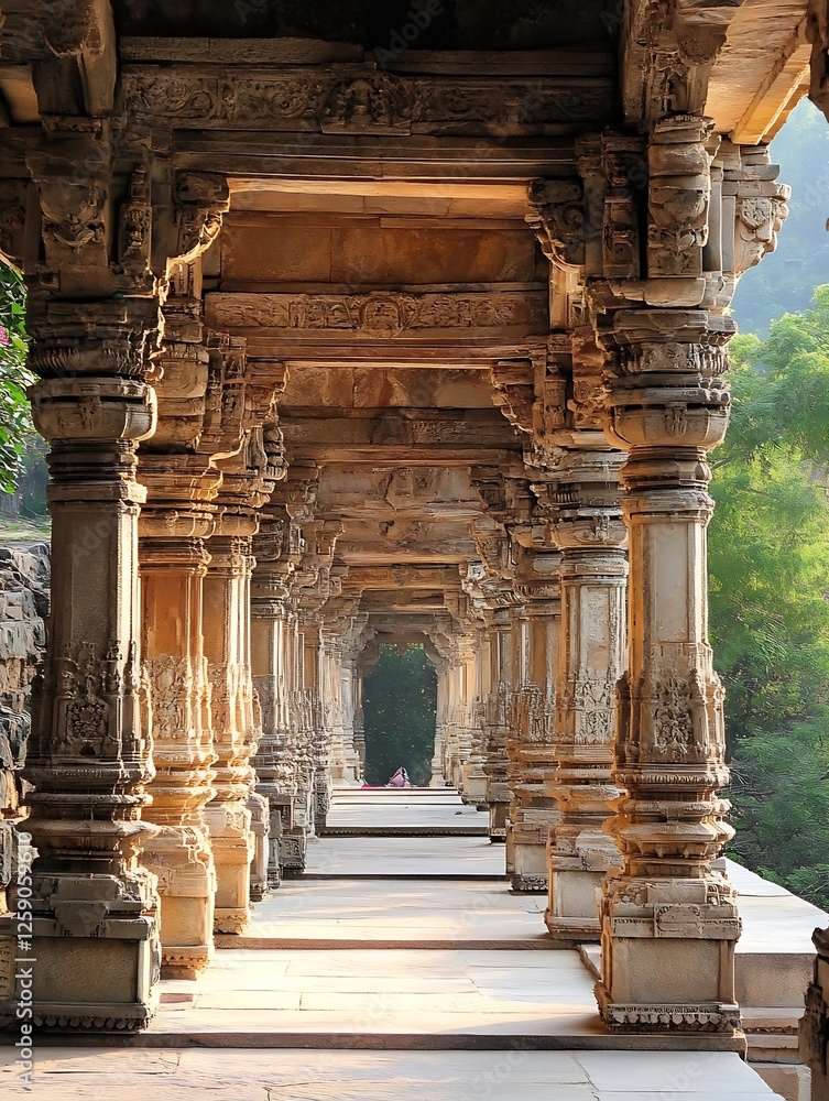 Aufkleber ancient stone pillars in sunlight creating a mystical passageway surrounded by nature : generative a