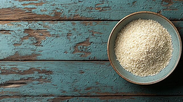 White sesame seeds in bowl on rustic wood. Food photography for recipe blogs