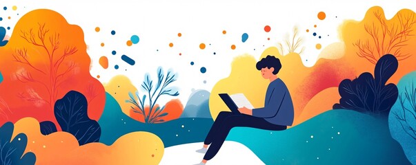 Young man reading book enjoying autumn day in colorful nature scenery