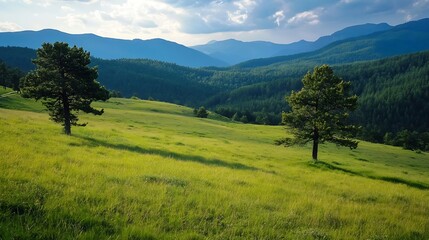 Obraz premium Breathtaking panoramic view of lush green mountains under a blue sky with distant peaks : Generative AI