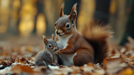 Obraz premium Adorable Red Squirrel Mother and Baby in Autumn Woods