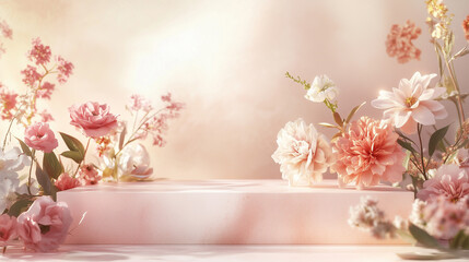 Luxury Podium, Flowers on Valentines Day Pink Rose around Stage, Special Design Luxury Present on Valentine to Advertise of Product on Valentines Day Beautiful Podium for Celebration