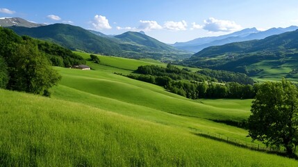 Fototapeta premium Serene Green Landscape with Rolling Hills and Blue Sky in a Picturesque Natural Setting : Generative AI