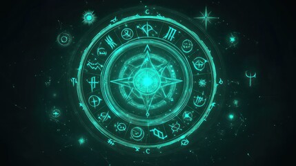 Glowing teal magic compass with symbols.