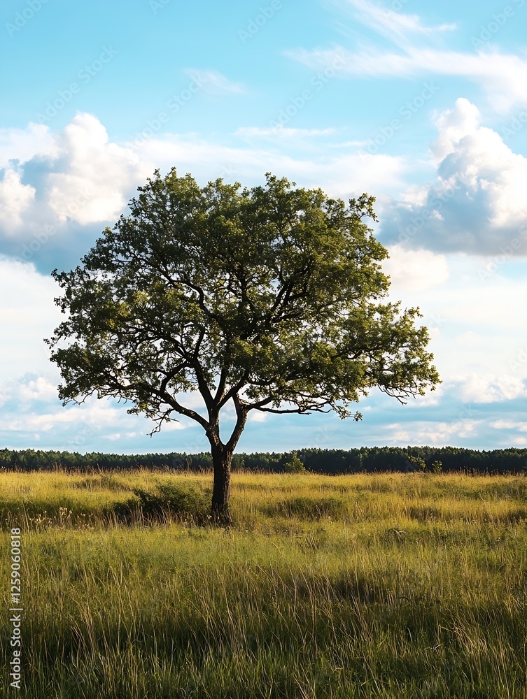 Poster Lone Tree in Open Field Under Blue Sky Surrounded by Green Grass and Fluffy Clouds : Generative AI