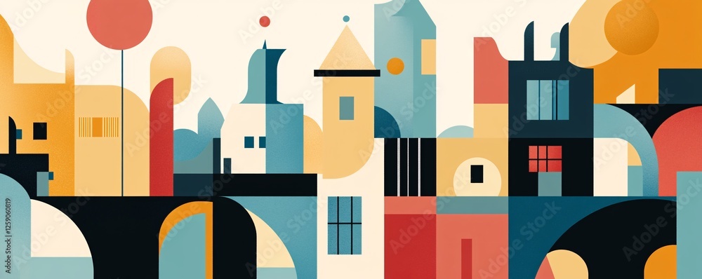 Aufkleber abstract cityscape with colorful geometric shapes forming buildings and bridges