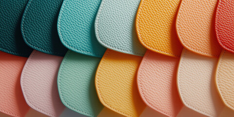 Colorful leather swatches neatly arranged showcase a variety of textures and hues in a well-lit workspace