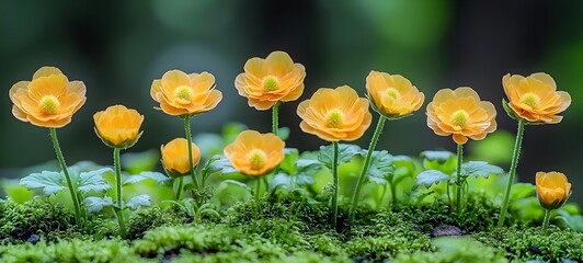 A vibrant display of delicate yellow flowers blooming amidst lush green moss, creating a serene and enchanting natural scene that evokes feelings of tranquility and renewal.