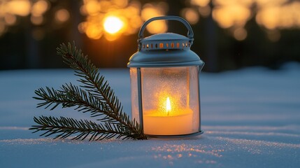 Winter sunset, snowy landscape, candle lantern, pine branch, peaceful scene