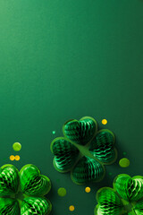 Honeycomb paper shamrock four leaf clover and golden confetti on vibrant green background. Happy...