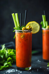 Bloody mary cocktail garnished with celery stalks, olives, lemon, and black salt rim