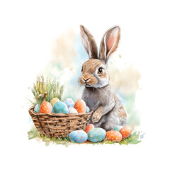 Watercolor painting of a cute and adorable baby bunny sitting in the grass with Easter eggs, in soft pastel colors on a white background.