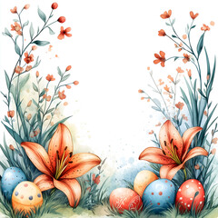 Watercolor Easter frame border, Easter eggs and lilies in the corners, carrots and daffodils, white background, colorful.
