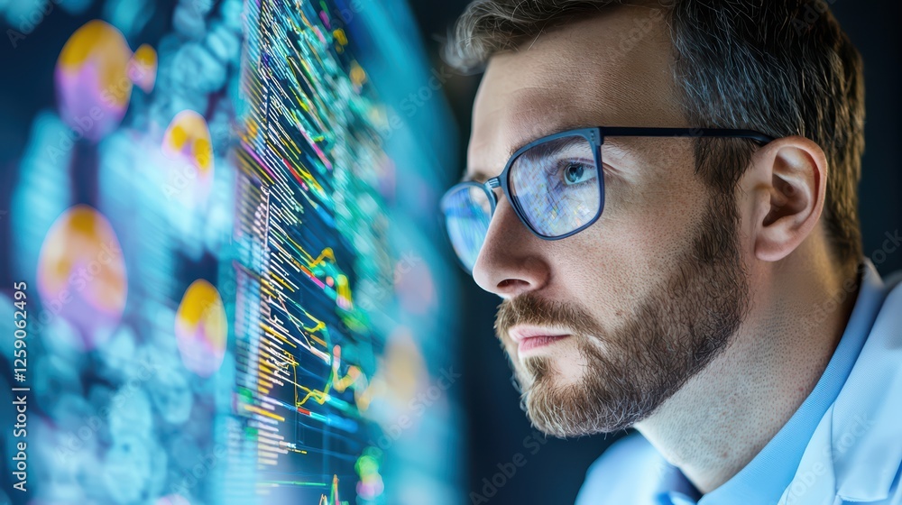 Poster scientist analyzing data on screen with graphs and charts displayed