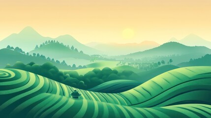 Sunrise over rolling green hills and terraced fields.