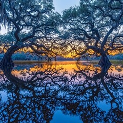 A serene sunset view over calm waters, featuring two majestic cypress trees with Spanish moss, their reflections creating a mesmerizing symmetry in vibrant colors.