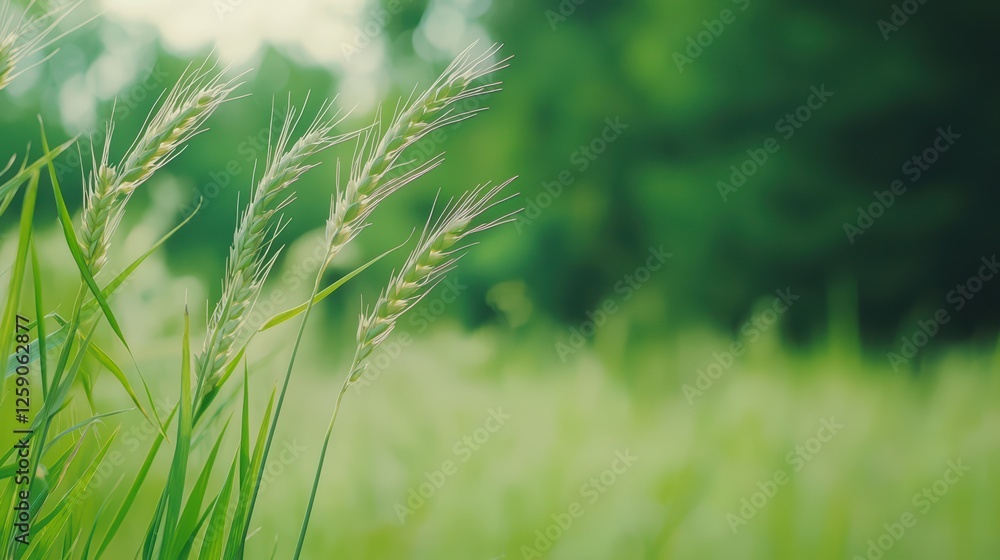 Poster Delicate Green Grass Blades with Blurred Nature Background in Daylight