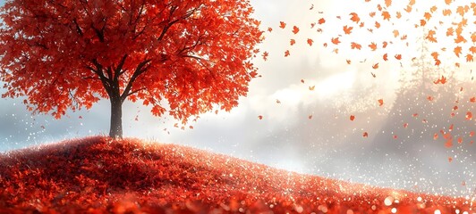 A stunning scene of a solitary tree with vibrant red leaves in autumn. The tree stands on a gentle hill, surrounded by a carpet of falling leaves and shimmering light.