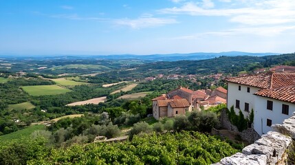 Obraz premium Stunning panoramic view of lush green hills and quaint houses in Tuscany showcasing beautiful Italian landscape : Generative AI