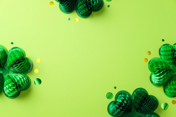 Happy St Patrick's Day concept. Frame of cutout paper shamrock, four leaf clover, and party...
