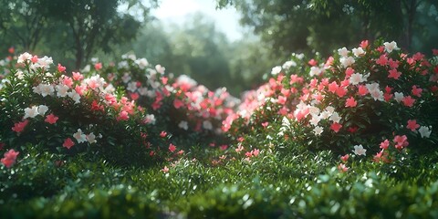 A vibrant array of blooming azaleas in soft pink and white shades, surrounded by lush green foliage, creating a serene and dreamy garden atmosphere.