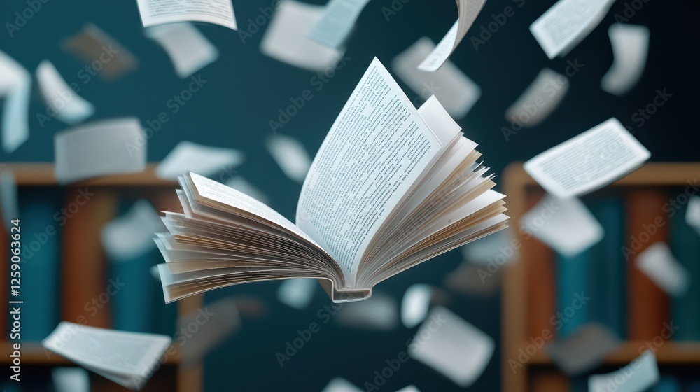 Poster floating open book surrounded by pages in a library setting