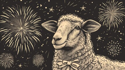 A close-up portrait of a sheep in vintage etching style, set against an enchanting background of fireworks. The artistic rendering and detailed shading create a whimsical yet elegant festive feel. AI