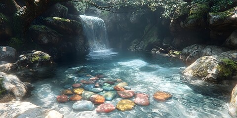 A serene waterfall cascades into a tranquil pool surrounded by smooth, colorful stones and lush greenery, creating a peaceful and rejuvenating natural escape.