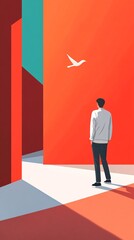 Young man watching white bird flying in colorful abstract city