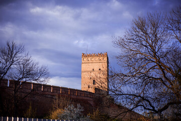 One of the towers of the ancient fortress - Lyubart Castle in the city of Lutsk. Architectural...