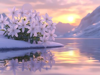A serene scene of delicate white flowers blooming on a snowy shore, reflecting in the calm water as the sun sets behind distant mountains, creating a tranquil atmosphere.