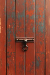 Fototapeta premium Weathered wooden door with metal latch showcasing rustic charm and vivid colors in a warm light