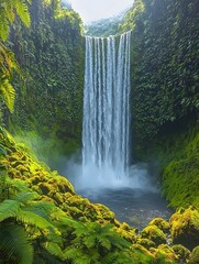A majestic waterfall cascades down a lush green cliff, surrounded by vibrant foliage and mist, creating a serene and tranquil atmosphere in nature.