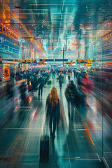 High-angle images with the woman standing at a busy airport terminal, surrounded by travelers and luggage. long exposure.