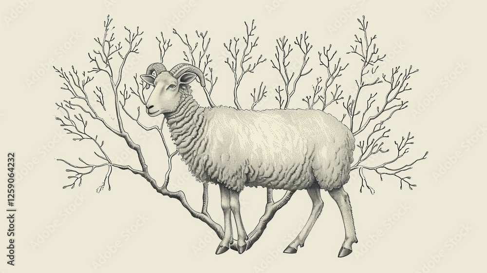 Poster a striking monochrome digital illustration of a ram whose legs and horns seamlessly transform into t