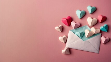 Colorful paper hearts scattered around an open envelope against a pastel background