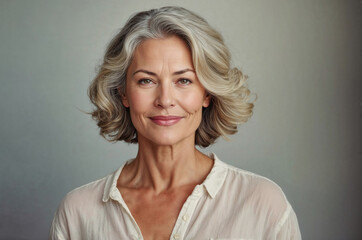 Mature woman with beautiful silver hair smiles warmly against a neutral background