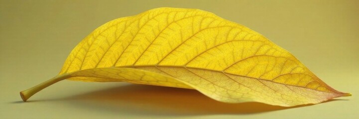 Fototapeta premium A delicate yellow leaf with intricate golden veins and texture, resting on a soft background, shiny yellow leaf gold foil texture, autumn, ornamental