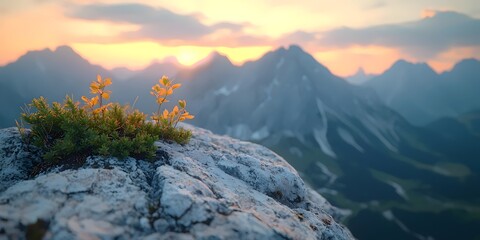 A close-up view of delicate yellow flowers blooming on a rocky surface, with a stunning mountain landscape bathed in warm sunset hues in the background.