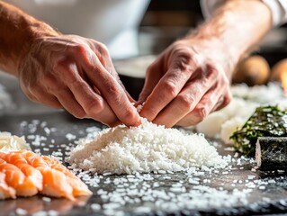 Sushi preparation with rice. Featuring a chef shaping sushi rice. Highlighting the artistry and technique in sushi making. Ideal for culinary and food preparation visuals.