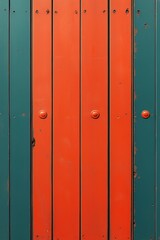 Fototapeta premium Colorful wooden door with contrasting red and green vertical panels in a rustic setting