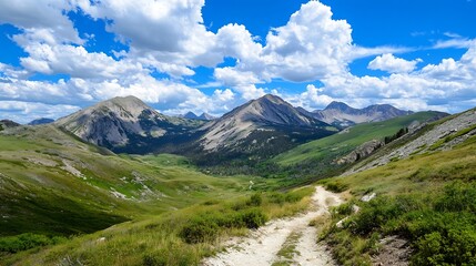 Obraz premium Breathtaking Mountain Landscape Under Bright Blue Sky with Fluffy Clouds : Generative AI